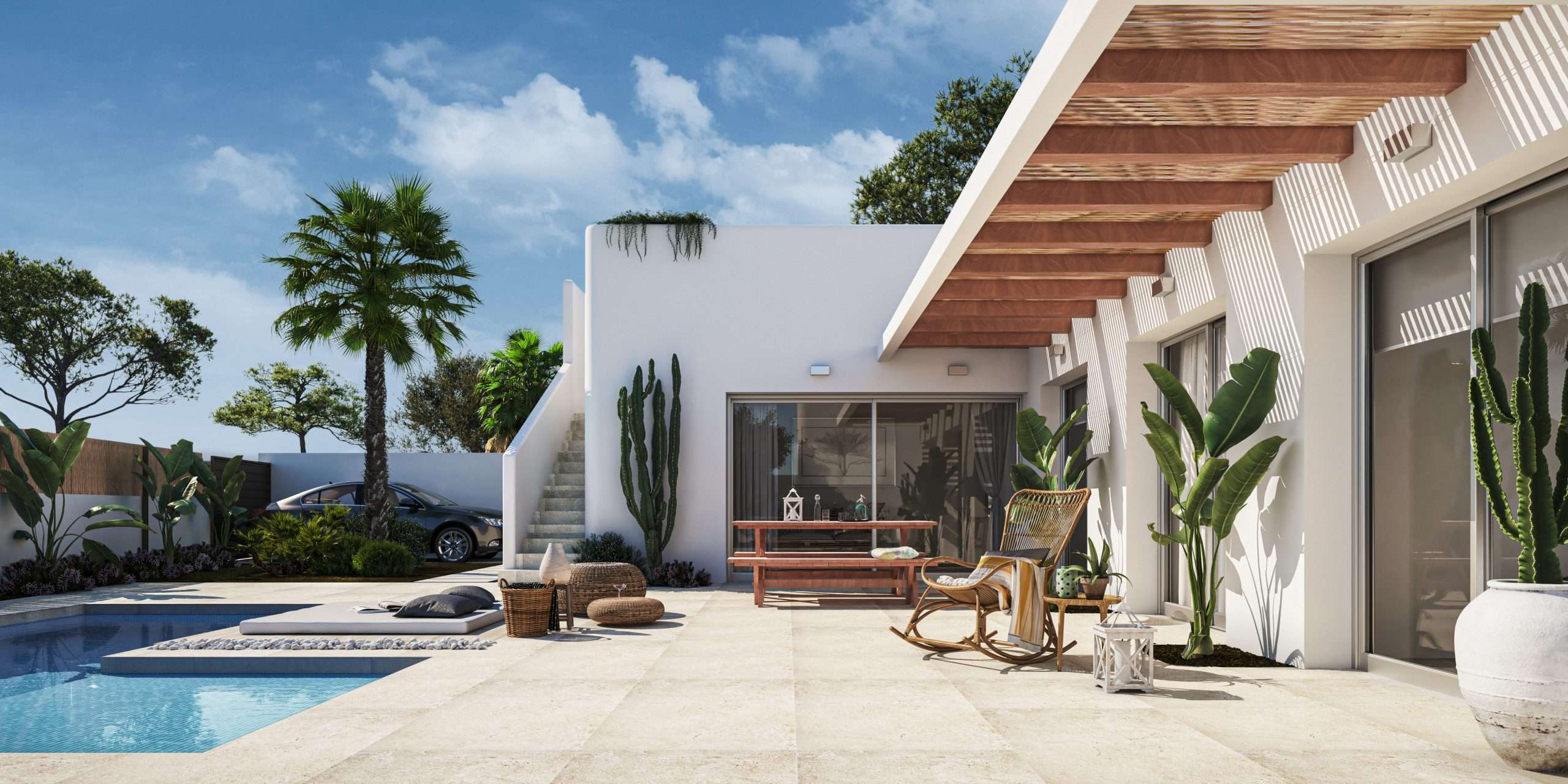 Nieuwe gelijkvloerse Ibiza Style woning in Los Montesinos